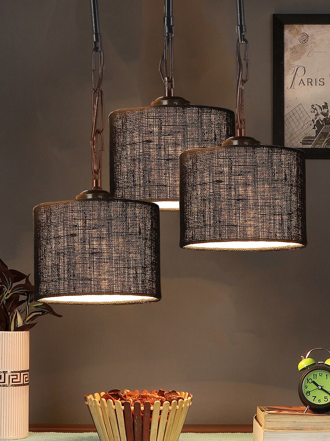 Devansh Black Jute Round Drum Cluster Hanging Lamp