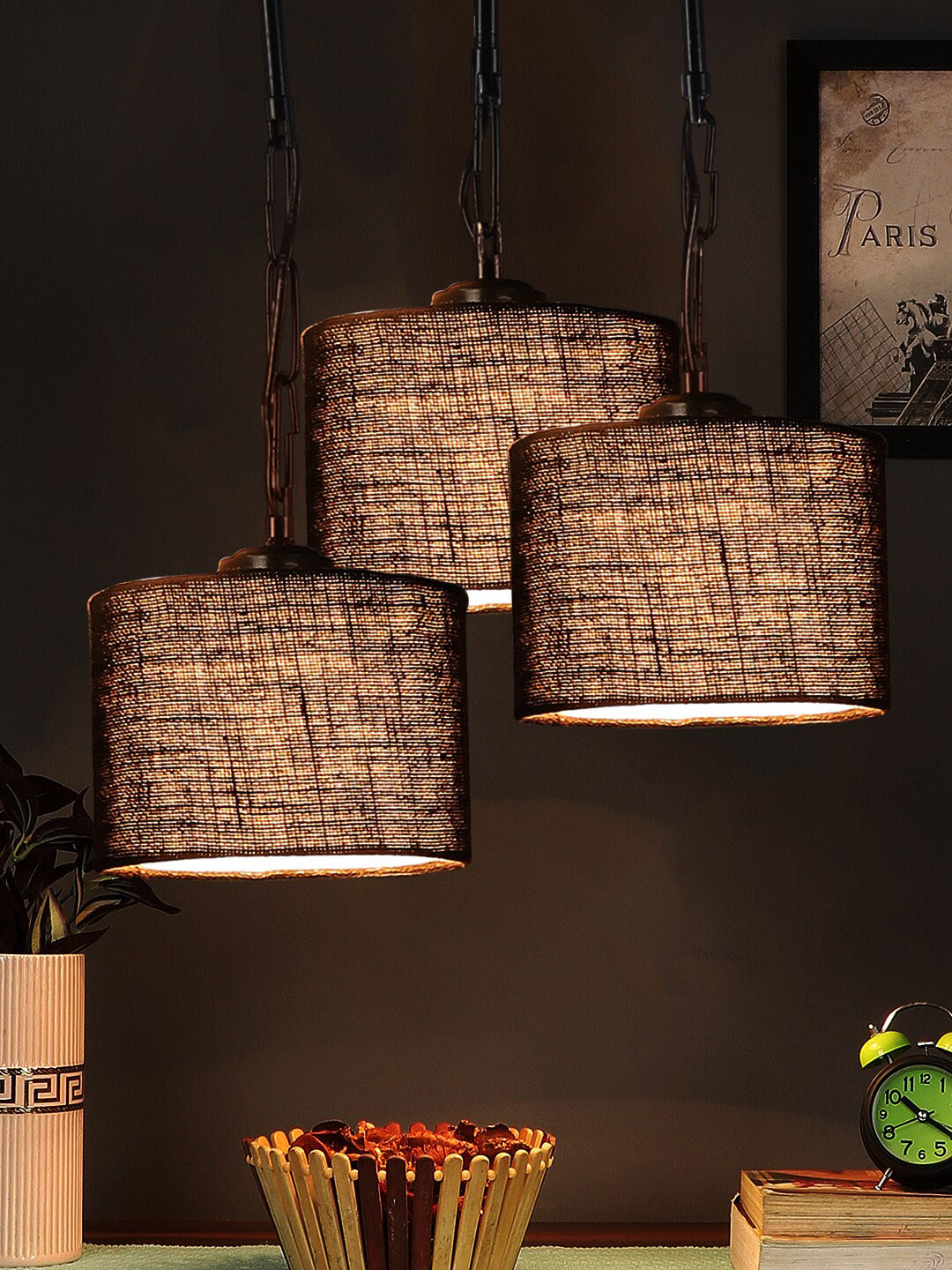 Devansh Set Of 3 Brown Solid Jute Drum Hanging Ceiling Lamp