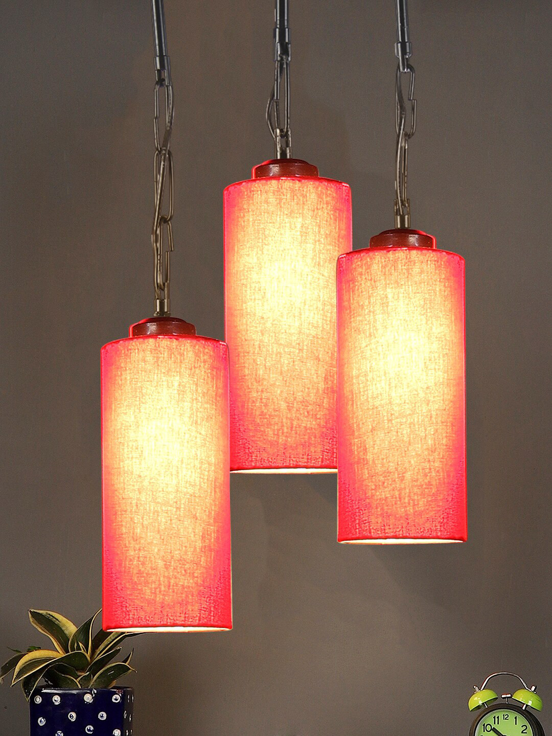 Devansh Red Solid Cotton Cylinder Contemporary Hanging Ceiling Lamp