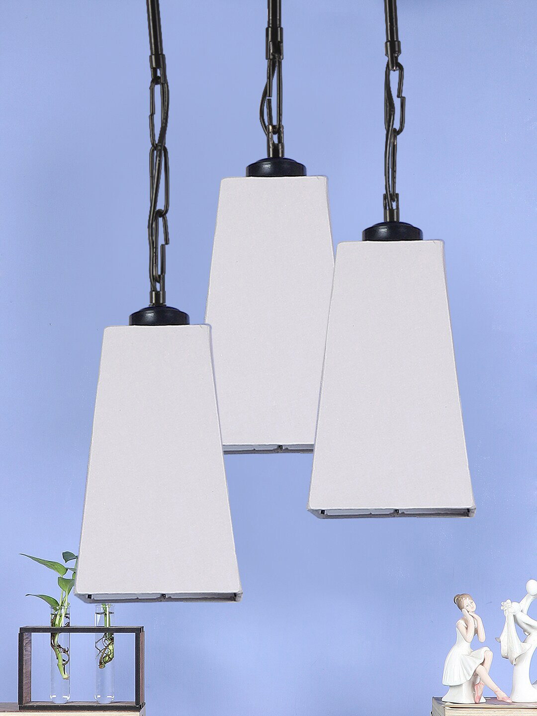 Devansh Set Of 3 Grey Solid Cotton Pyramid Hanging Ceiling Lamp