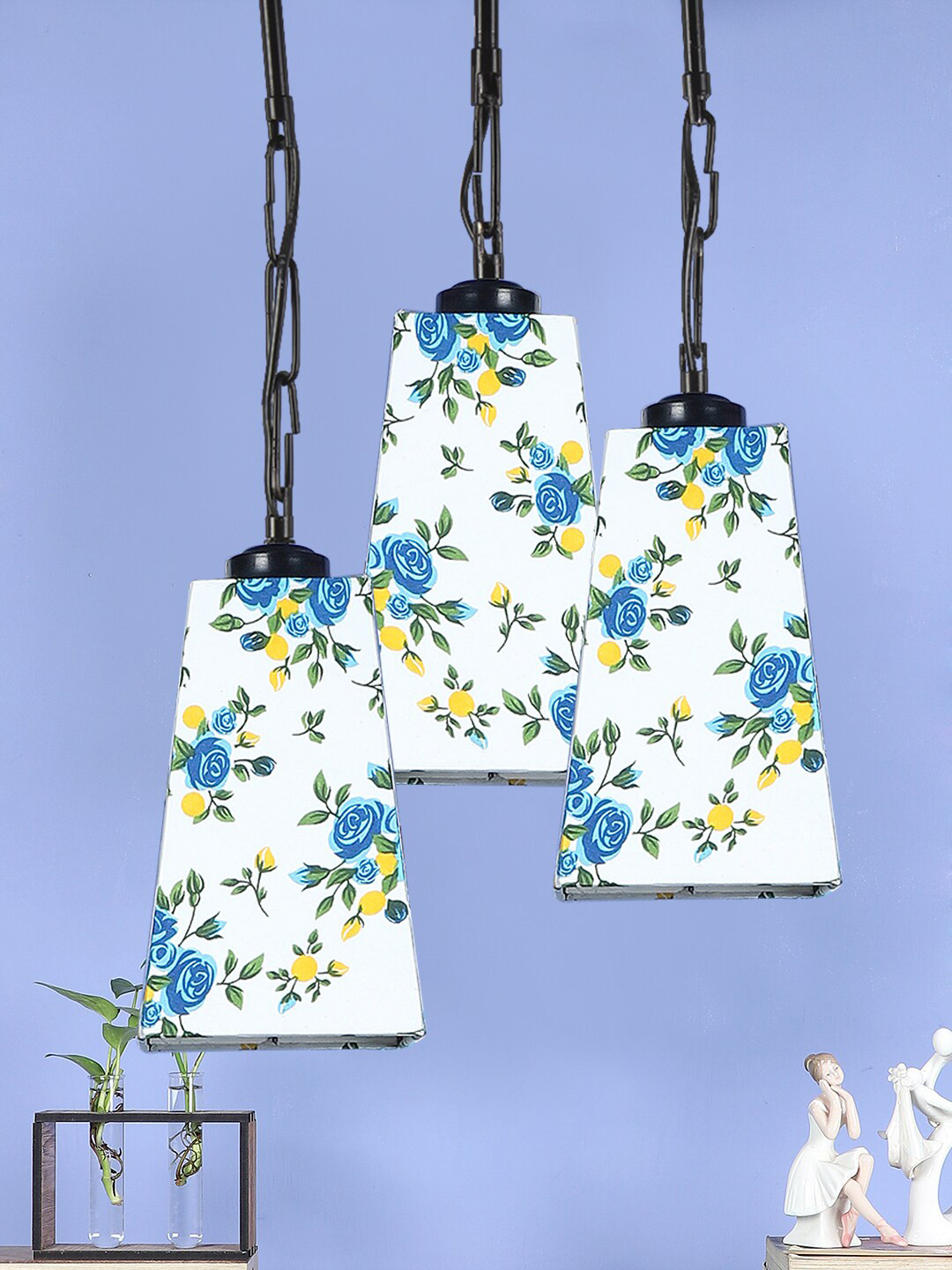 Devansh White & Blue Cotton Pyramid Contemporary Hanging Ceiling Lamp