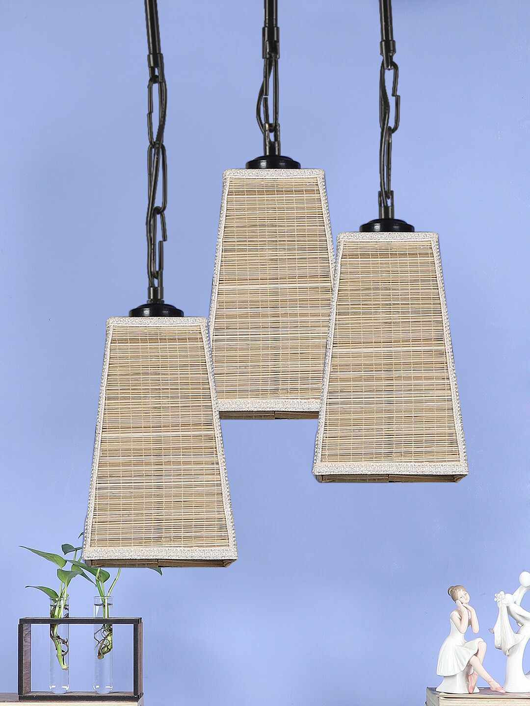 Devansh Set Of 3 Beige Solid Bamboo Pyramid Hanging Ceiling Lamp