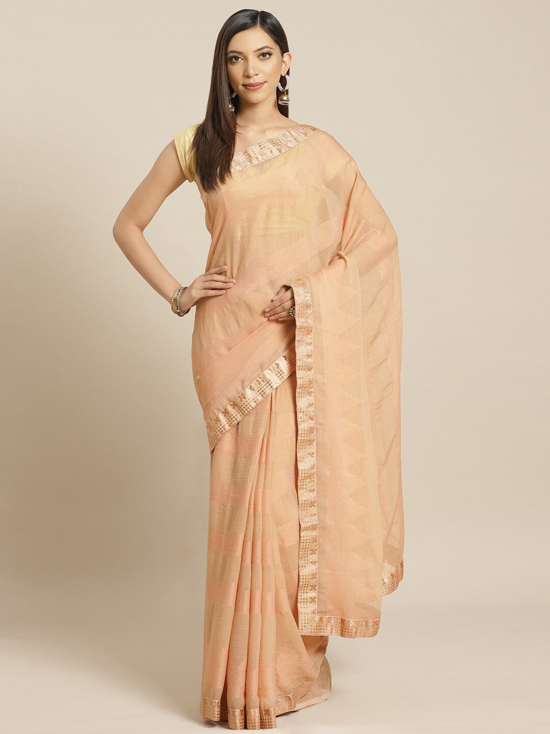 KALINI Peach-Coloured & Golden Striped Brasso Saree