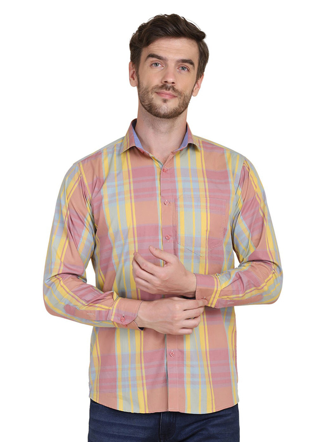 TAHVO Men Pink Comfort Slim Fit Checked Cotton Casual Shirt