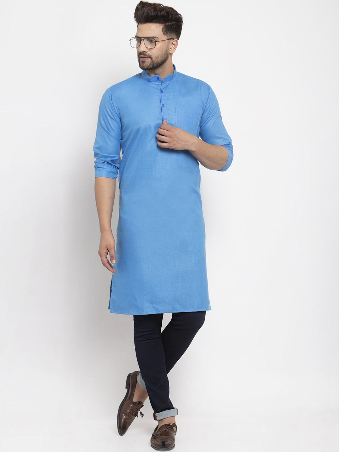 Kaifoo Men Blue Solid Cotton Blend Kurta