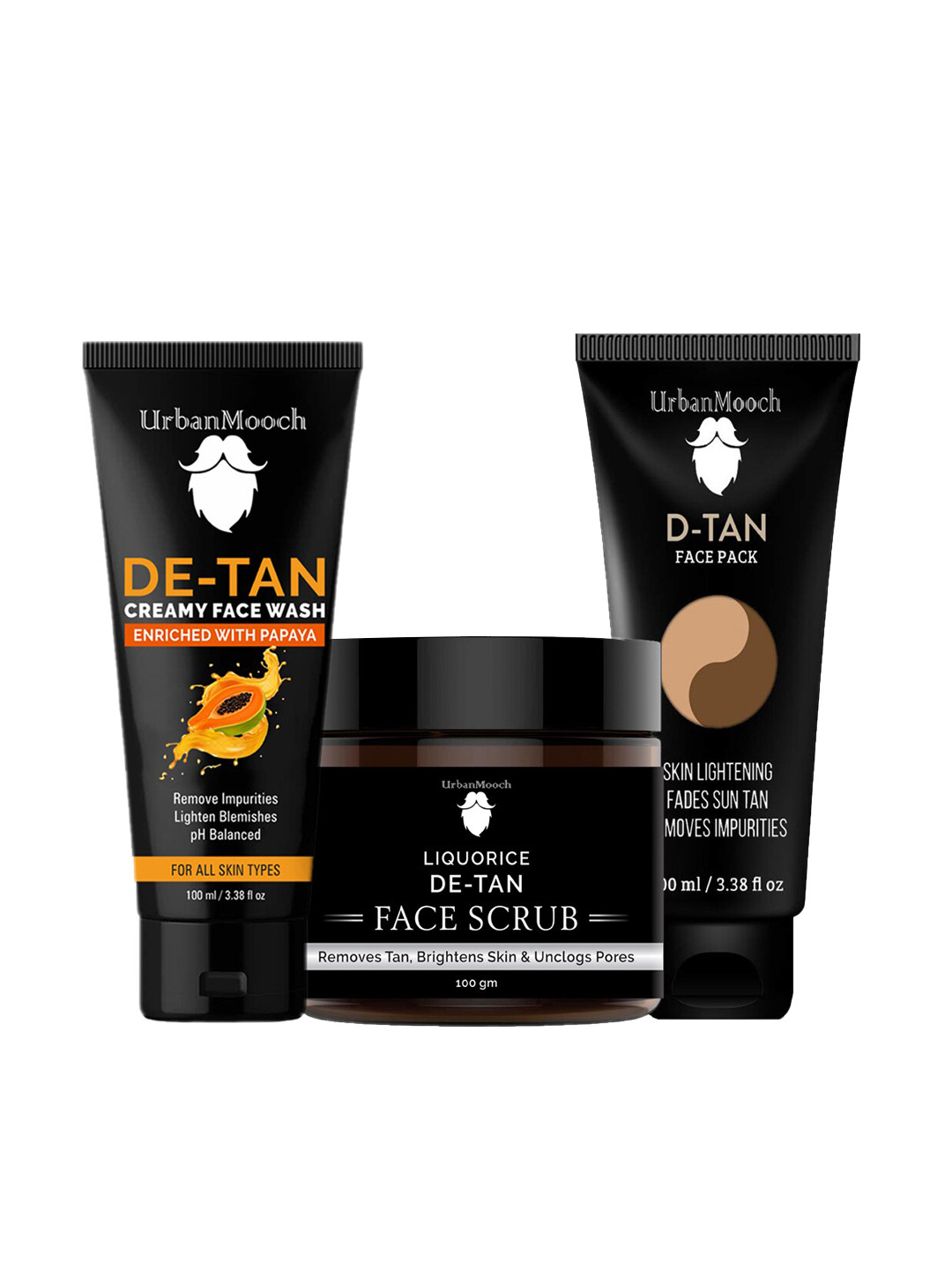 UrbanMooch Men De-Tan Skincare Combo - Face Wash 100ml - Face Scrub 100g - Face Pack 100ml