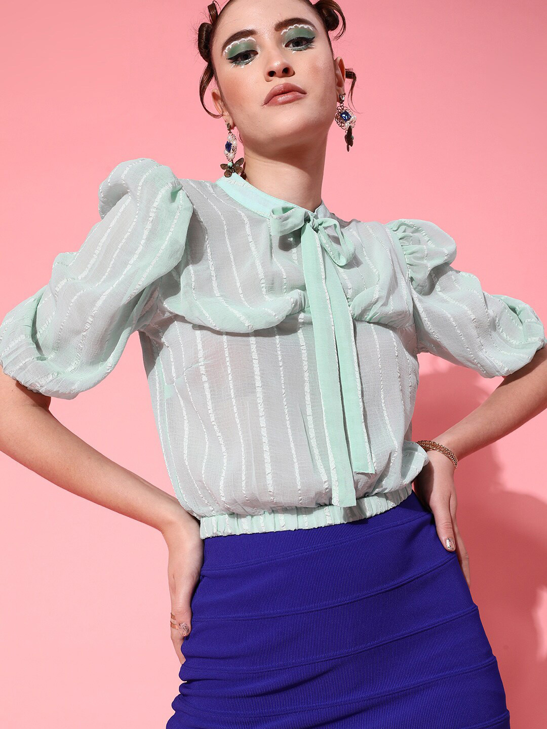 STREET 9 Stylish Blue Vertical Striped Semi Sheer Top