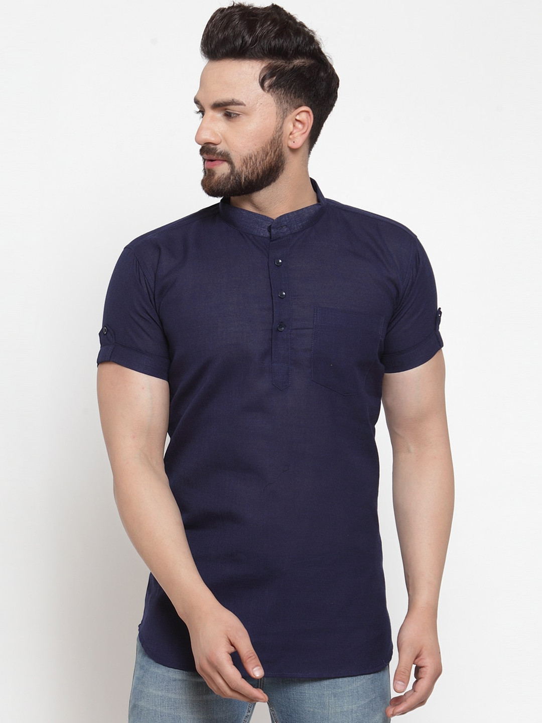Kaifoo Men Navy Blue Short Kurta