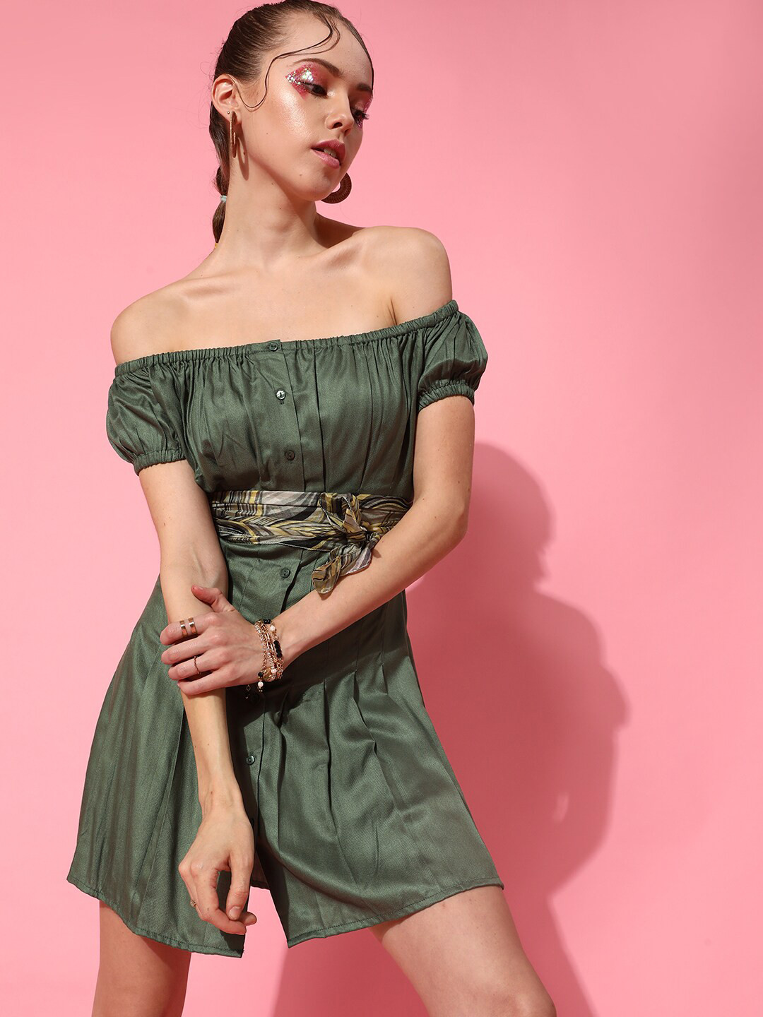 STREET 9 Women Lovely Olive Solid Bardot Dress