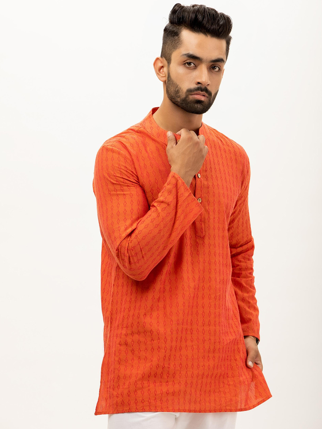 Firangi Yarn Men Orange Jacquard Short Kurta