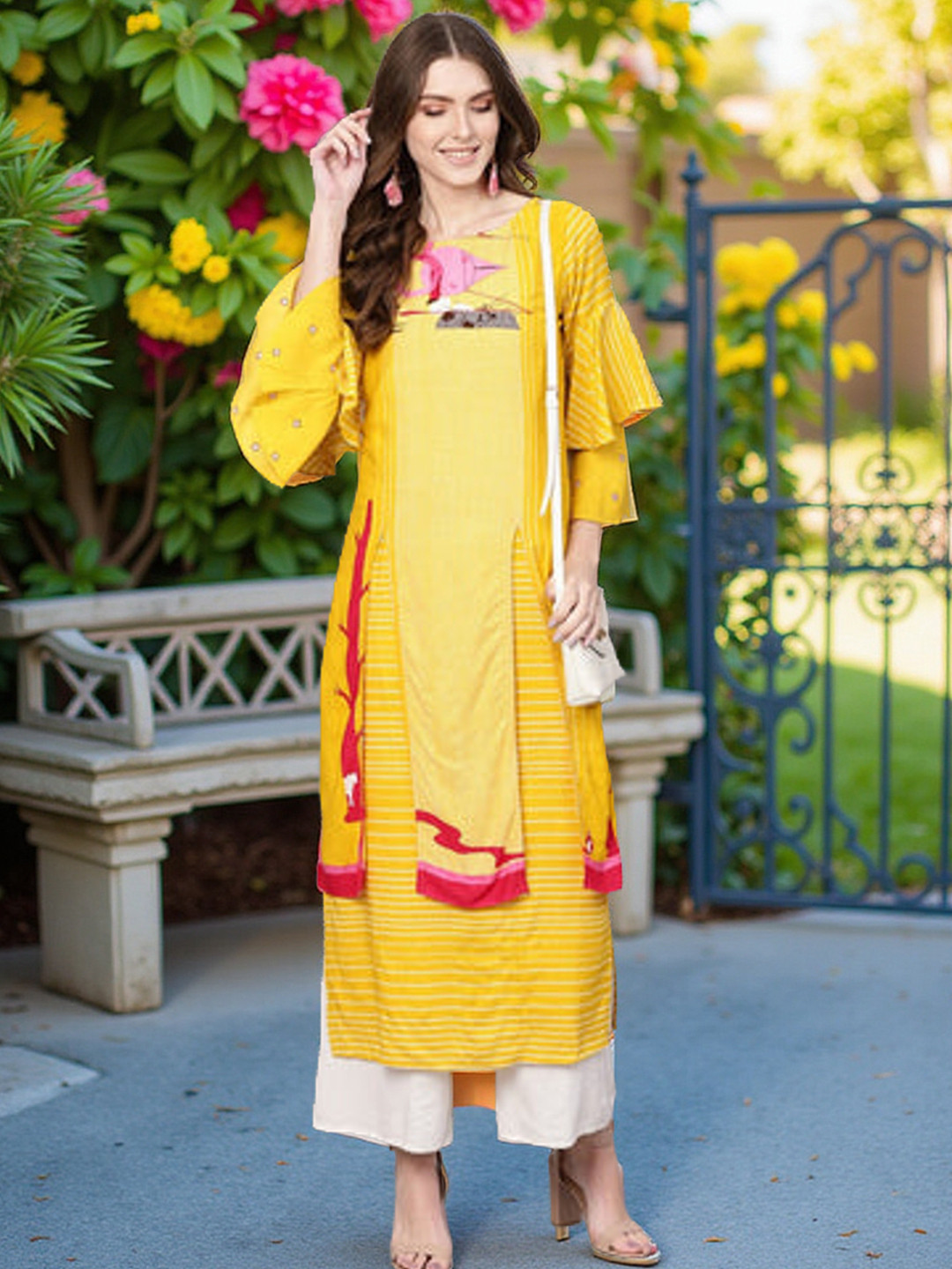 Pannkh Women Yellow Striped Bell Sleeves Double Layered Flamingo Printed Kurta