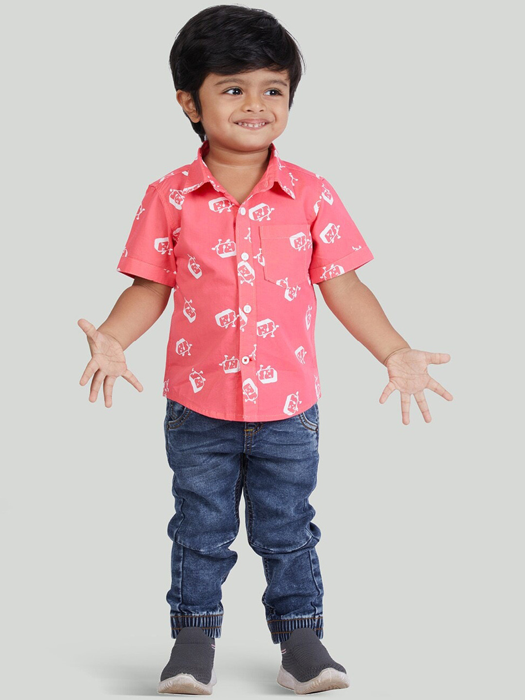 Buy Zalio Boys 2-Piece Coral Blue Printed Shirt with Denim