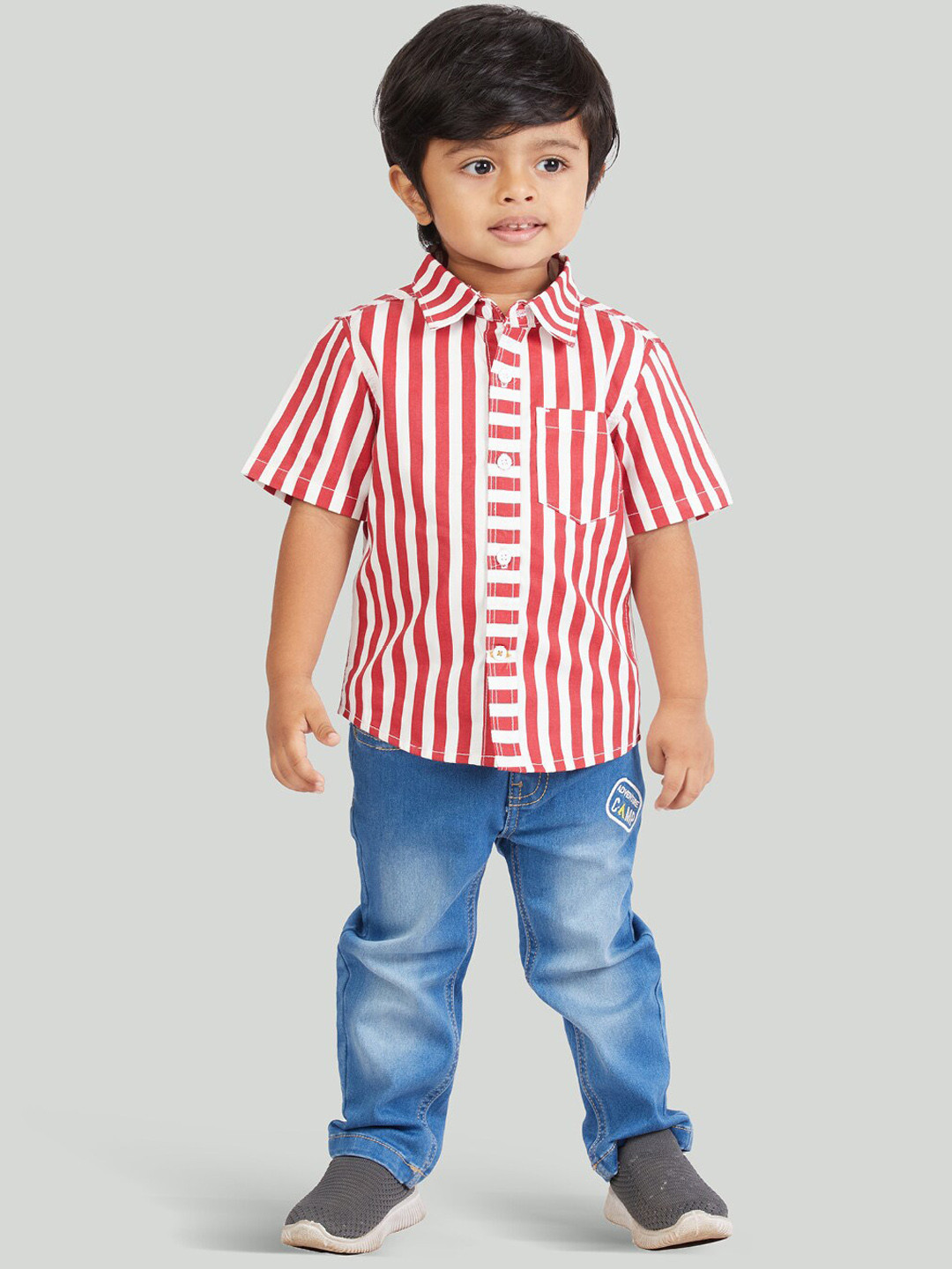 Zalio Boys Red & Blue Striped Shirt with Jeans