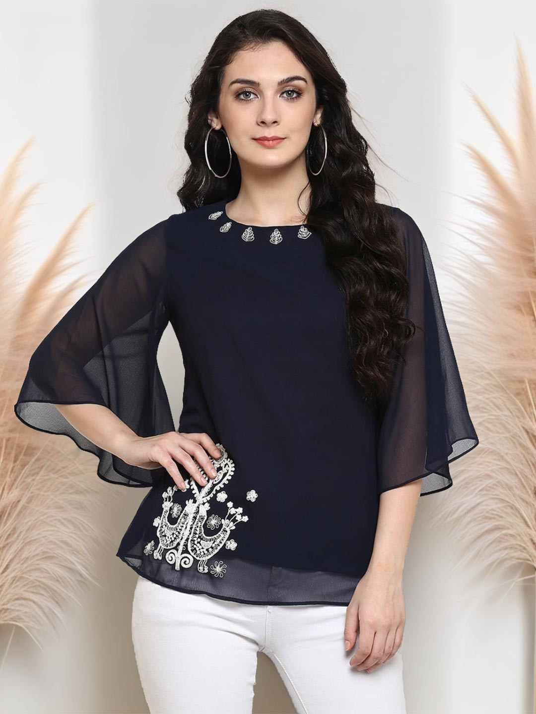 Pannkh Navy Blue Embroidered Sheer Top
