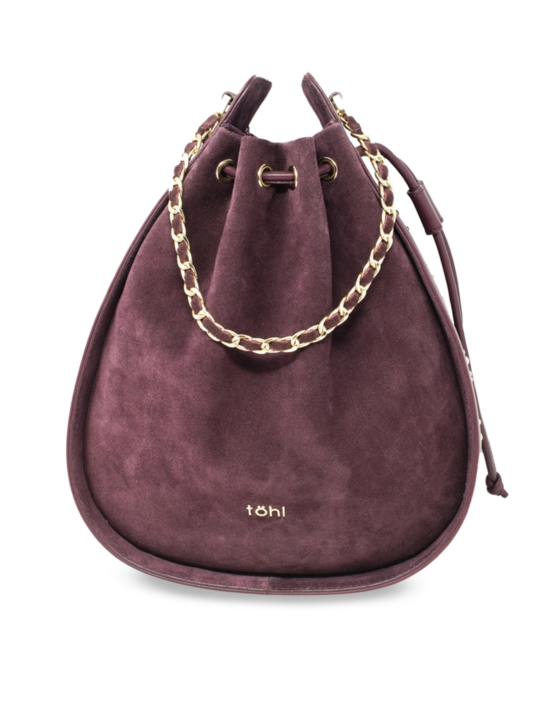 tohl Maroon Leather Bucket Hobo Bag with Cut Work