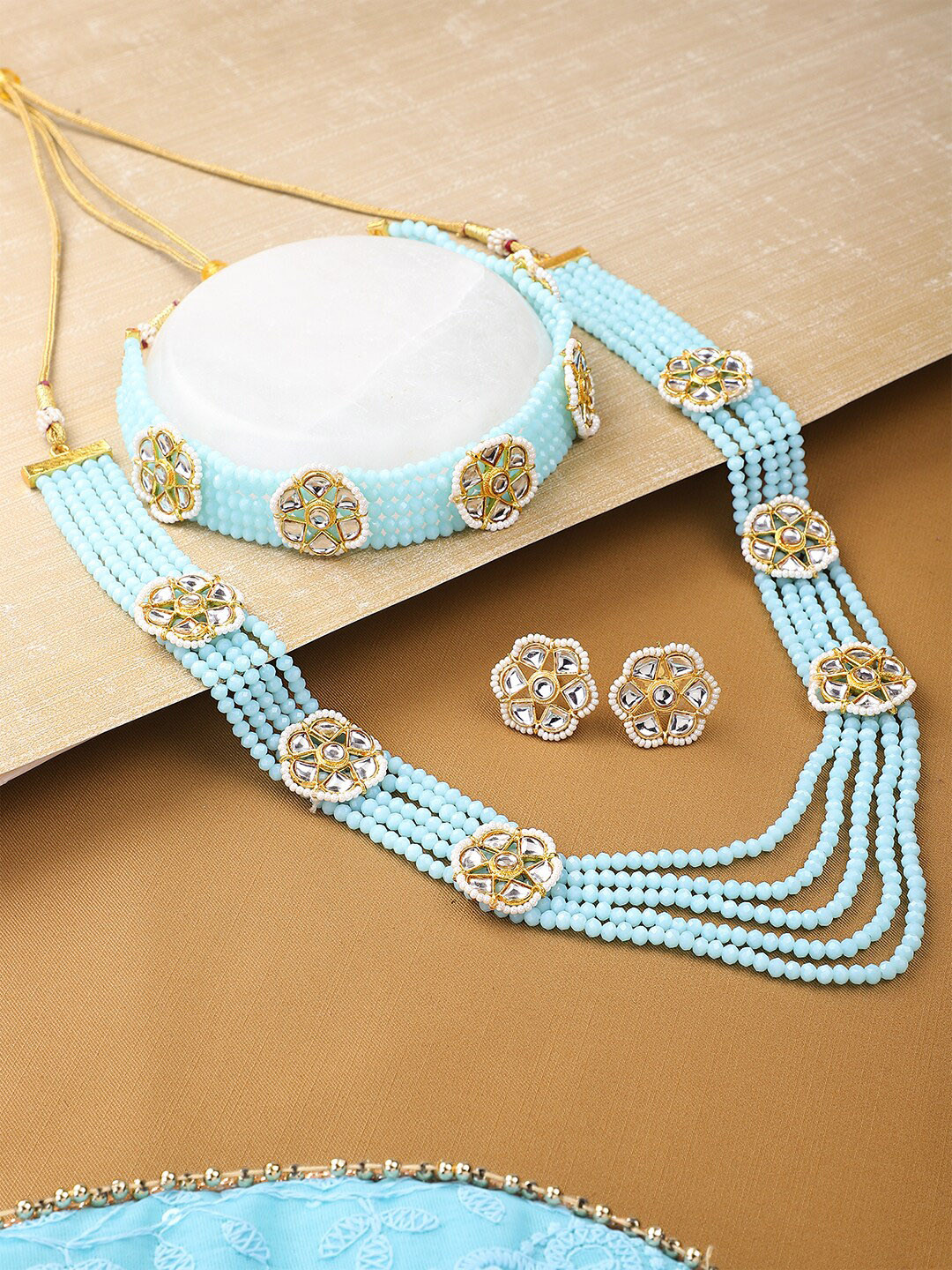 Yellow Chimes Gold Plated Blue Kundan Beads Multilayered Jewellery Set