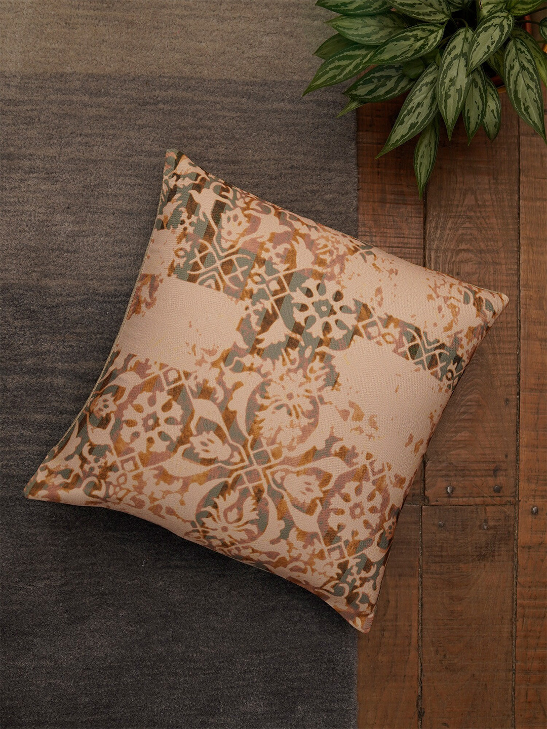 ZEBA Grey Polyester Anti-Wrinkle Embroidered Square Cushion Cover -16x16In
