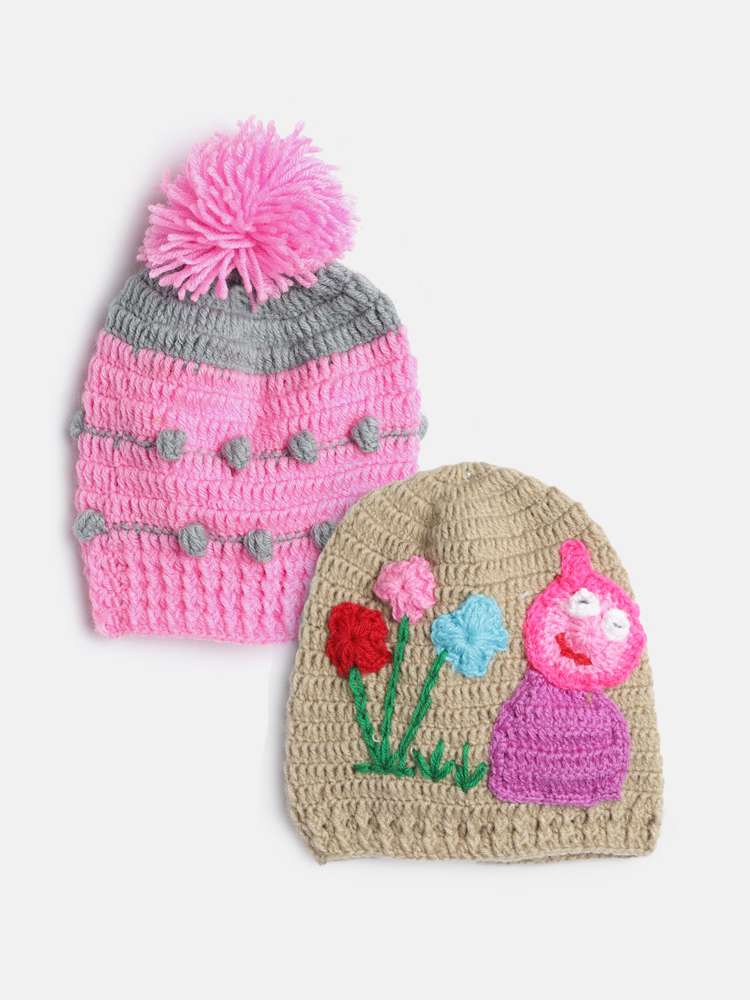 CHUTPUT Kids Set of 2 Pink & Brown Crochet Beanie