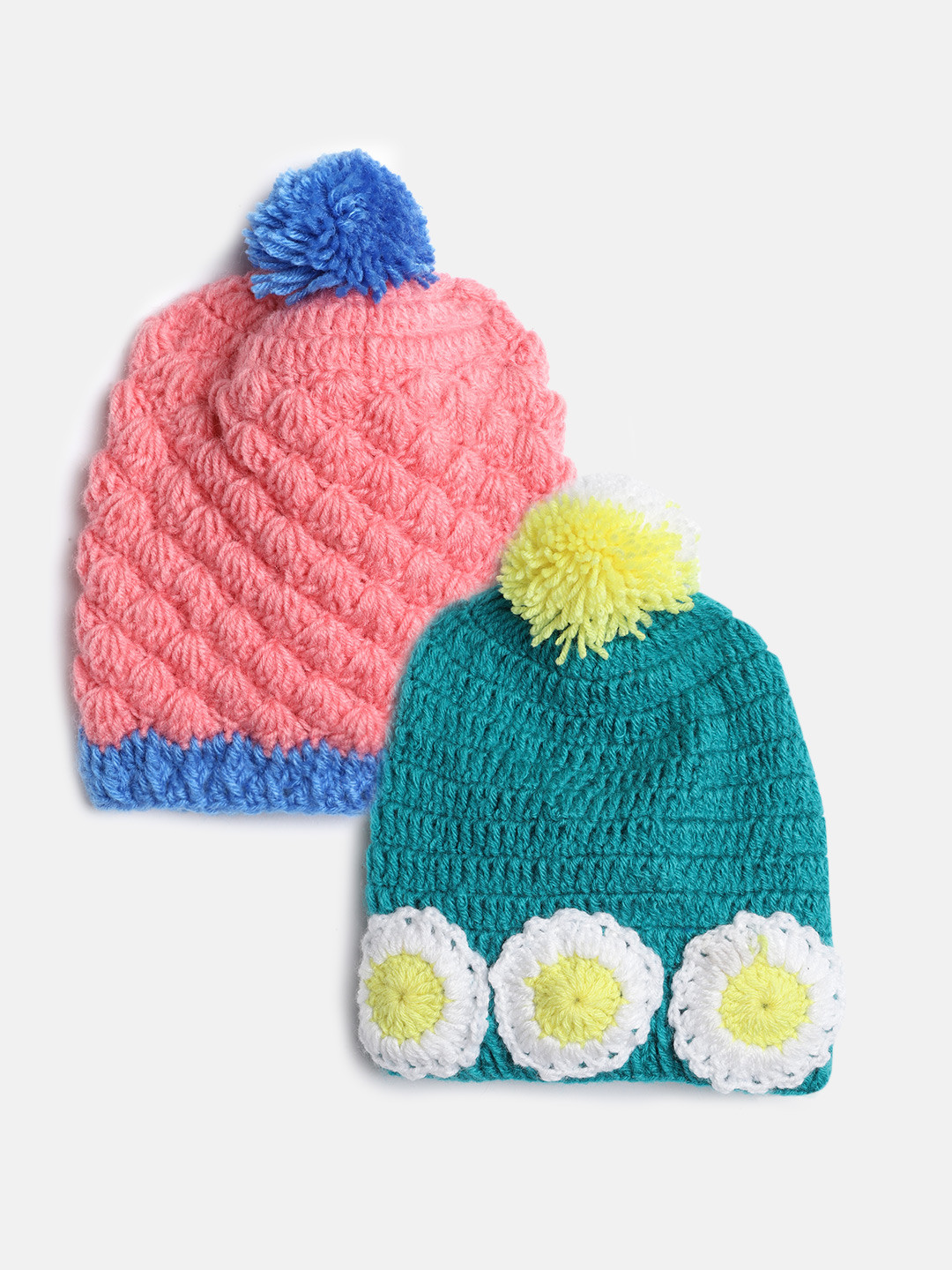 CHUTPUT Kids Set of 2 Peach-Coloured & Sea Green Crochet Beanie
