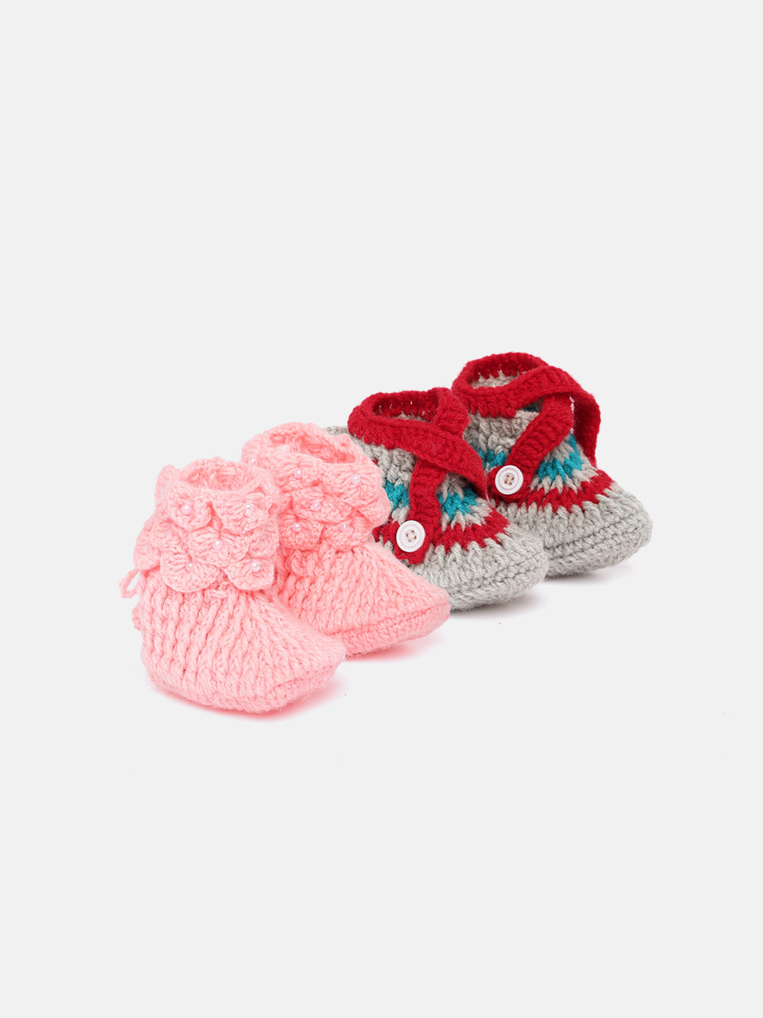 CHUTPUT Kids Set of 2 Peach-Coloured & Red Crochet Booties