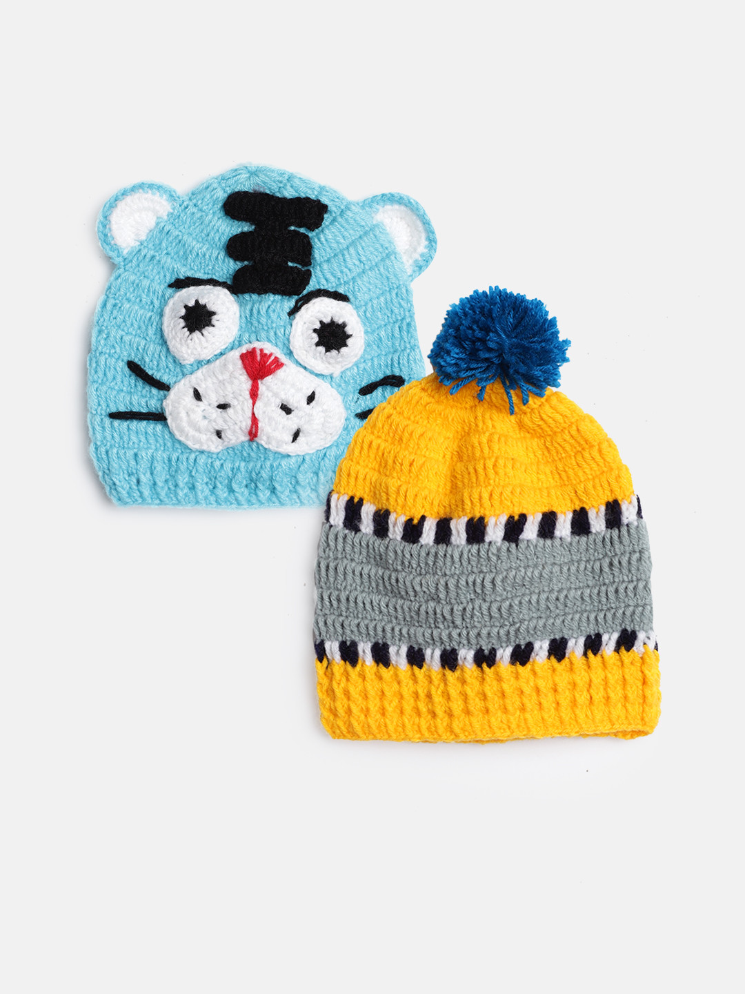 CHUTPUT Kids Set of 2 Blue & Mustard Yellow Crochet Beanie