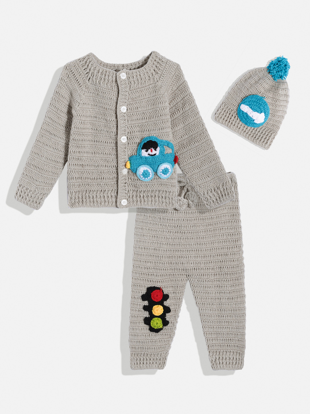 CHUTPUT Kids Grey Solid Applique Cardigan with Pyjamas