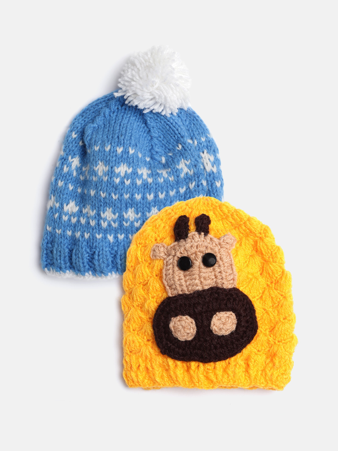 CHUTPUT Kids Set of 2 Blue & Mustard Yellow Crochet Beanie