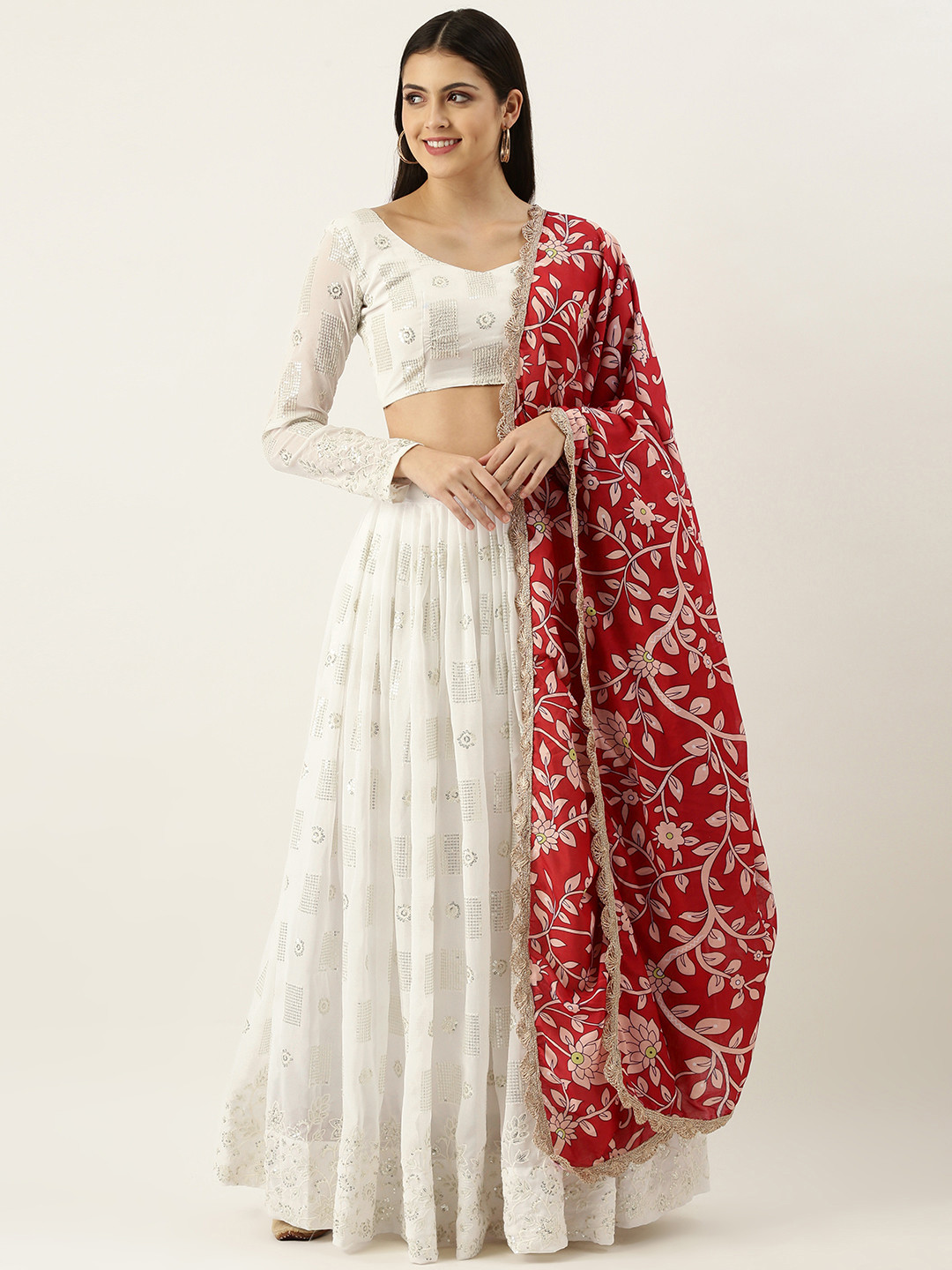 LOOKNBOOK ART White & Red Sequinned Semi-Stitched Lehenga & Unstitched Blouse With Dupatta