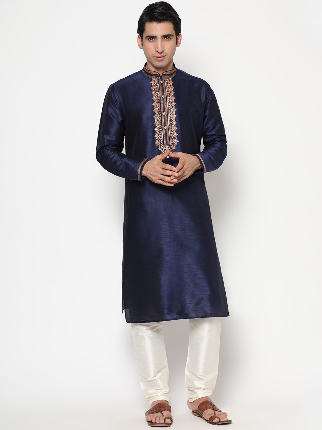LAGAAV Men Navy Blue & White Embroidered Raw Silk Kurta Set