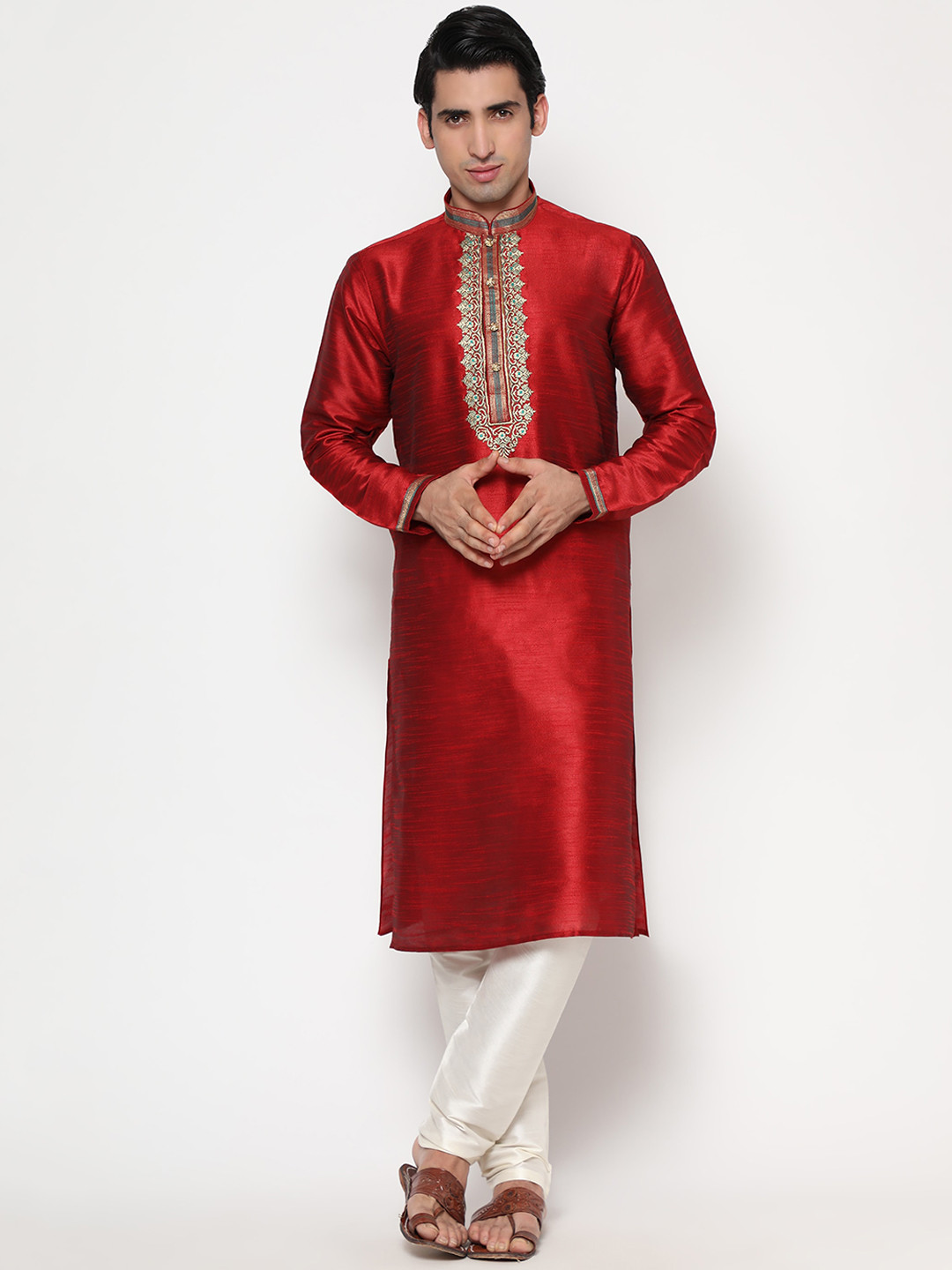 LAGAAV Men Red Embroidered Raw Silk Kurta with Pyjamas