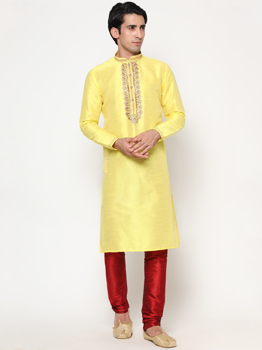 LAGAAV Men Yellow Solid Raw Silk Kurta with Churidar