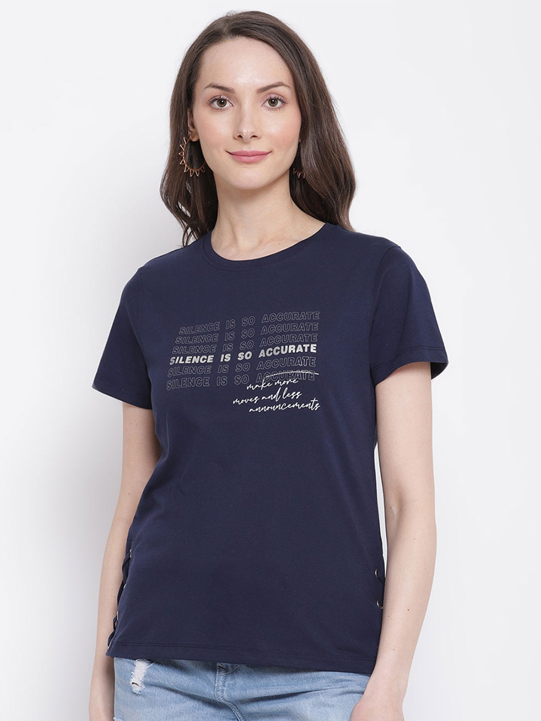 Cantabil Women Navy Blue Typography Printed T-shirt