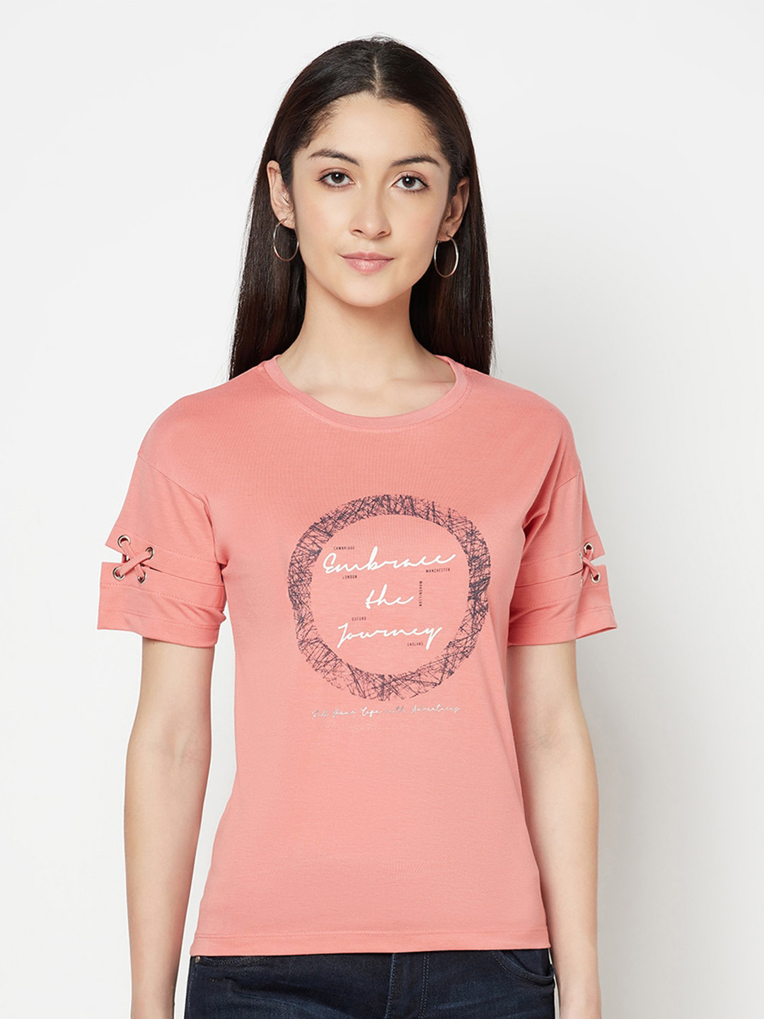 Cantabil Women Coral Pink Typography Printed T-shirt