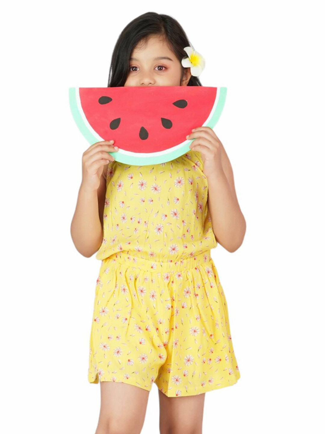 Dress My Angel Girls Yellow & Pink Printed Basic Jumpsuit