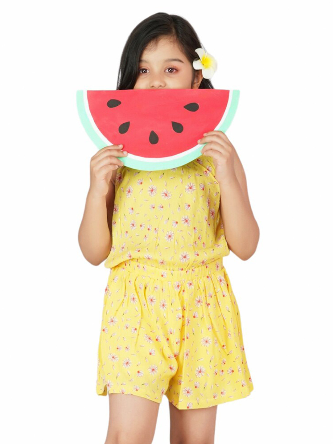 Dress My Angel Girls Yellow Printed Cotton Jumpsuit