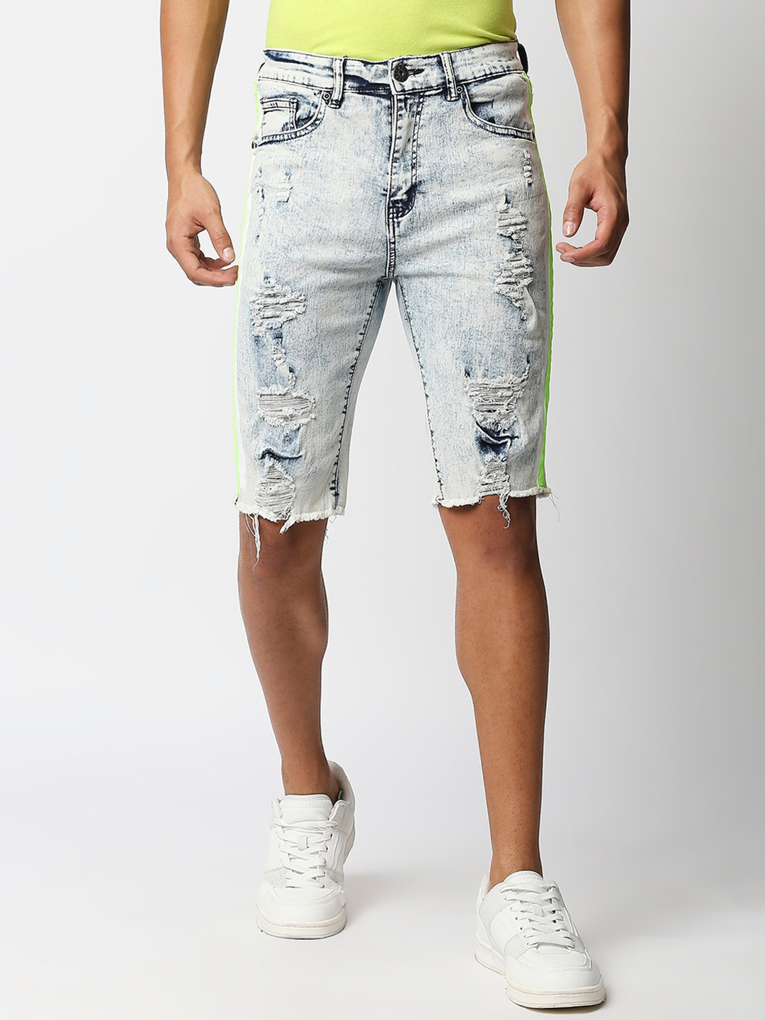 WAIMEA Men White Washed Distressed Skinny Fit Denim Shorts