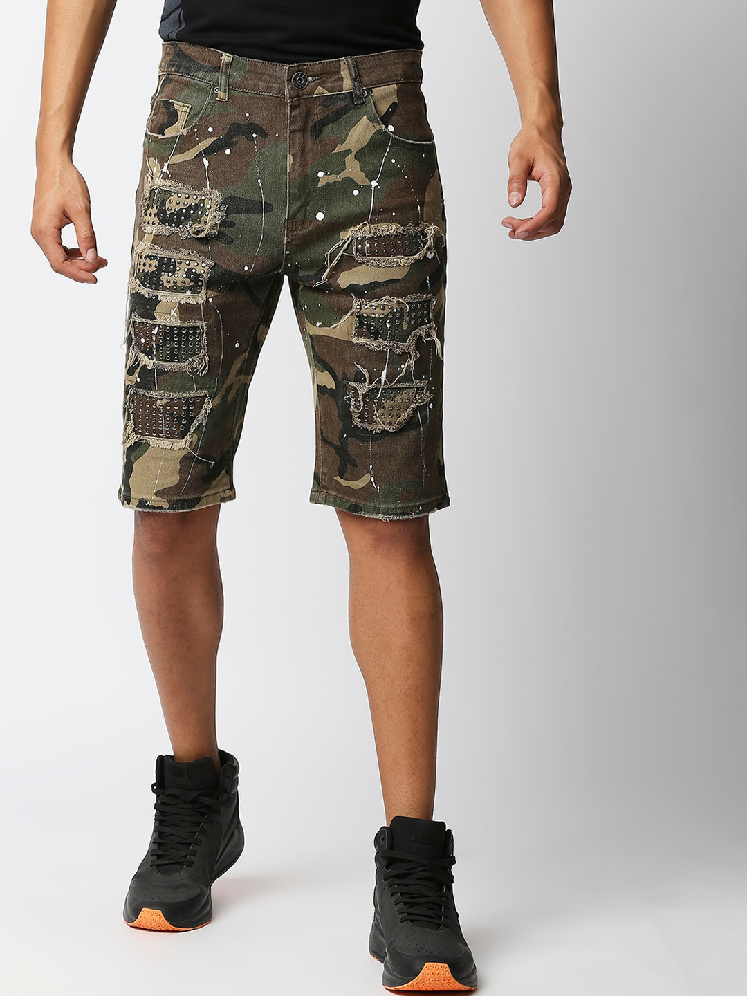 WAIMEA Men Brown Regular Fit Camouflage Printed Denim Shorts