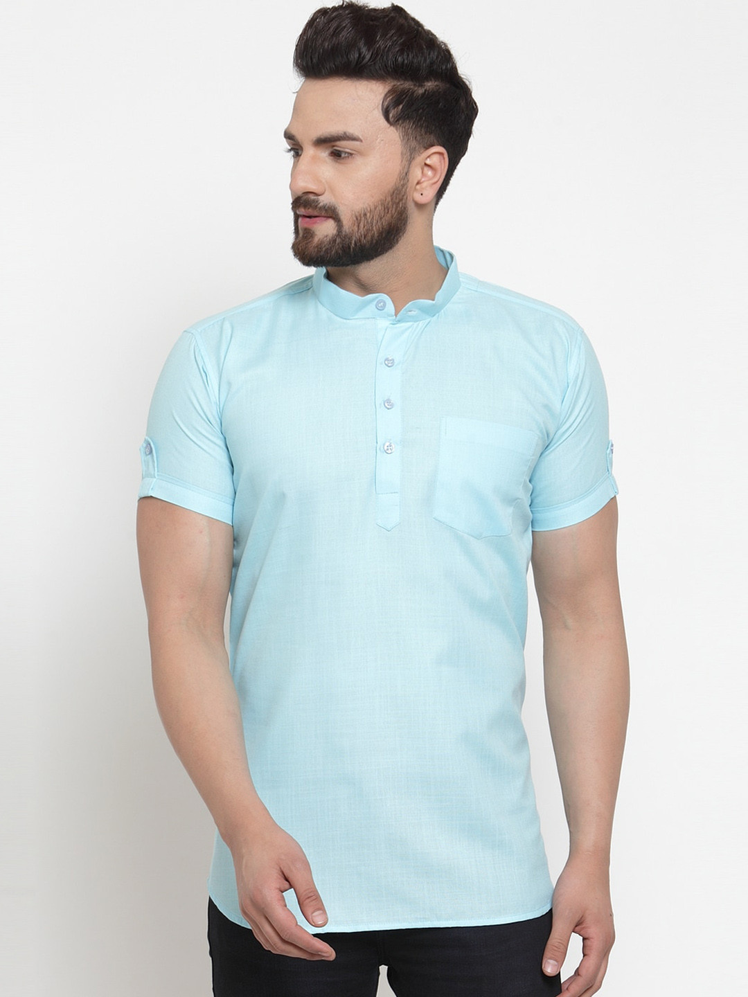 Kaifoo Men Turquoise Blue Mandarin Collar Kurta