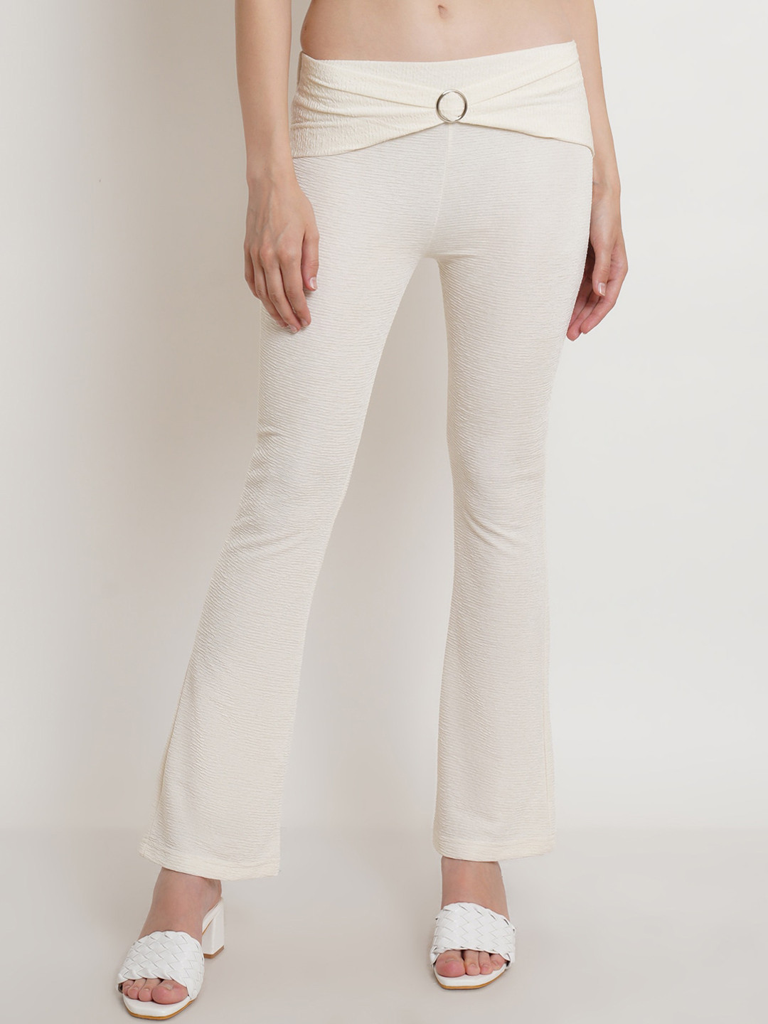 Popwings Women Off White Smart Non Iron Bootcut Trousers