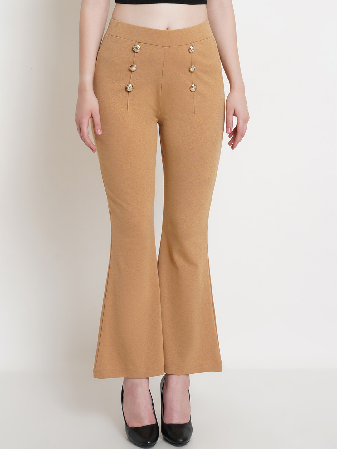 Popwings Women Camel Brown Bootcut Smart Trousers