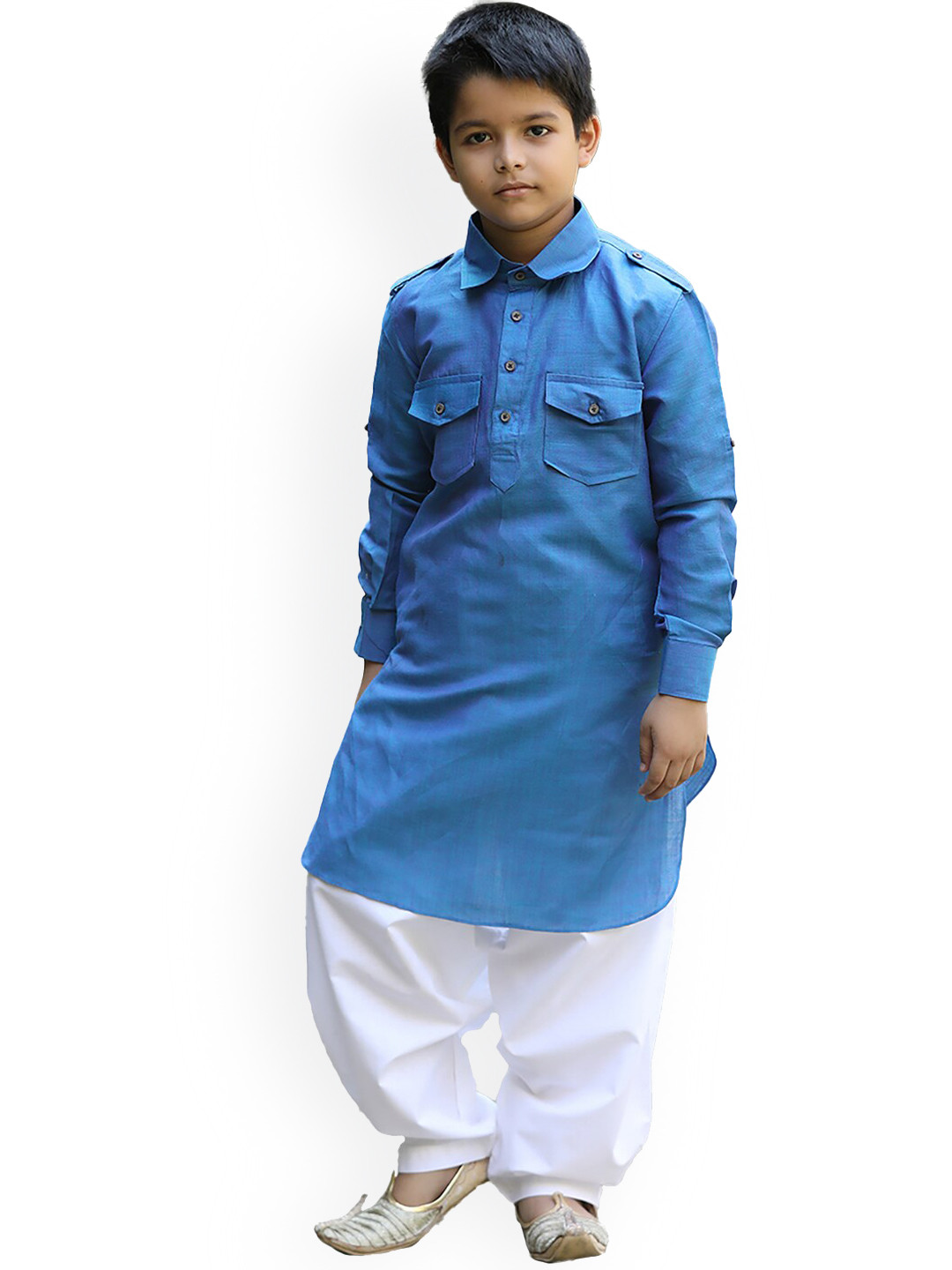 Manyavar Boys Blue Solid Pathani Kurta with Dhoti Pants