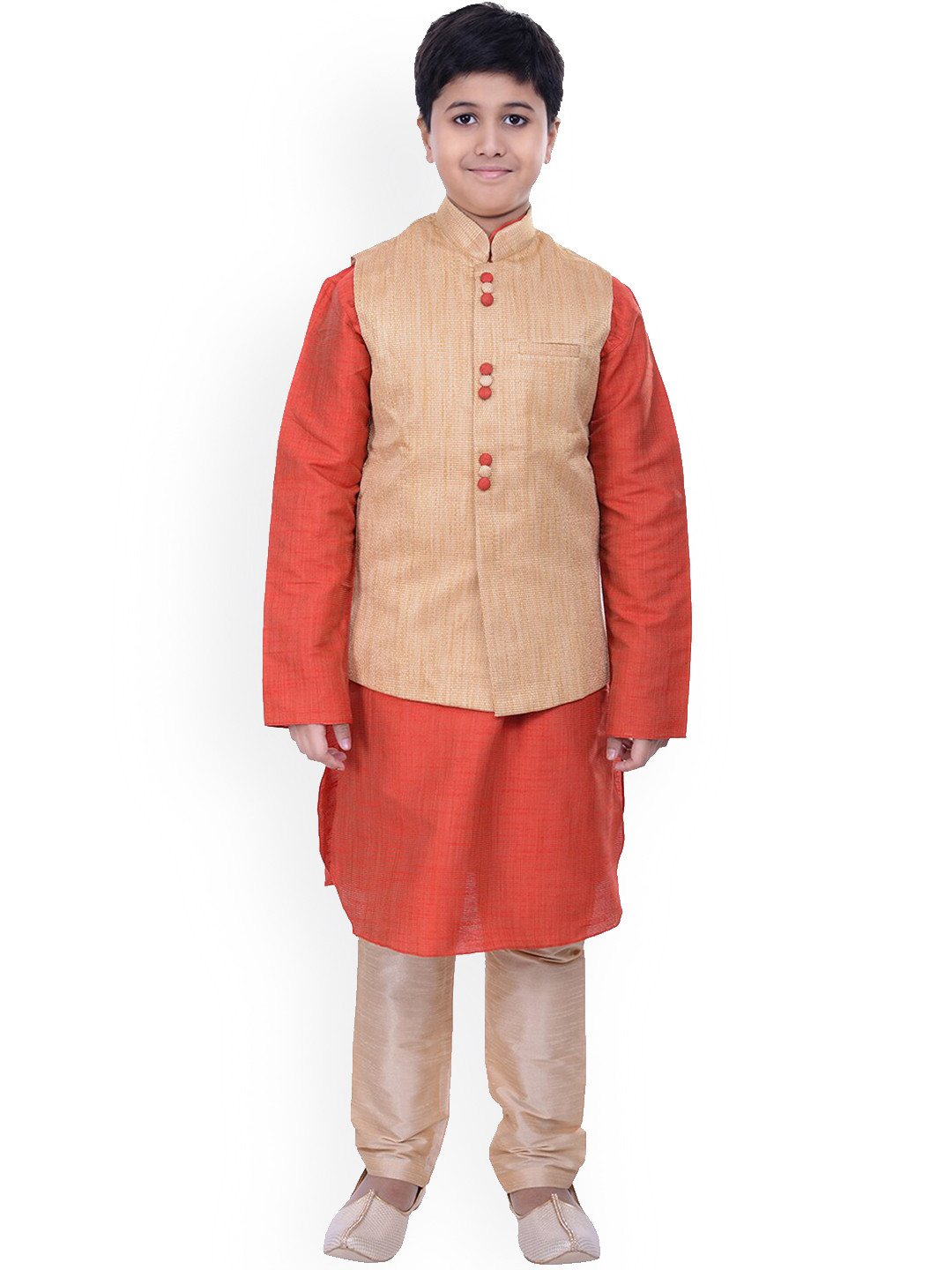 Manyavar Boys Red Kurta and Churidar with Cream-Coloured Nehru Jacket