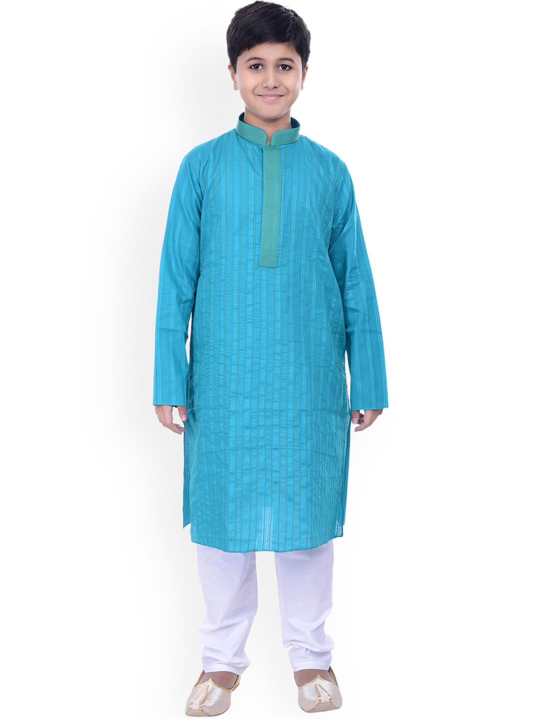 Manyavar Boys Turquoise Blue Striped Kurta with Pyjamas