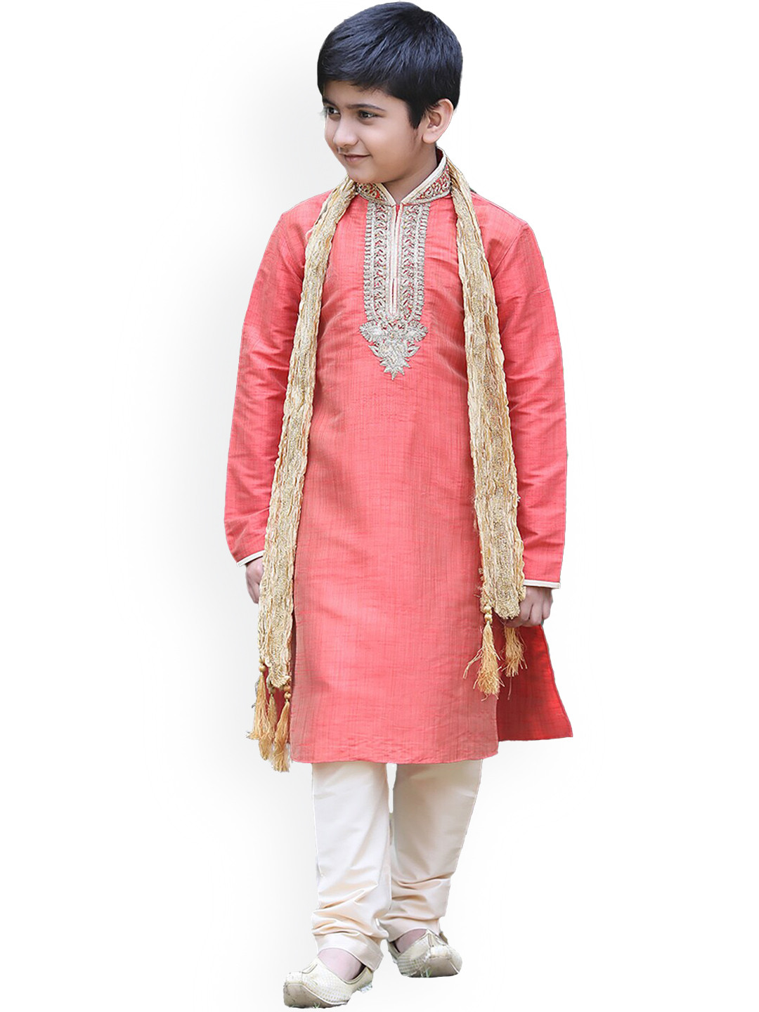 Manyavar Boys Red Embroidered Kurta with Pyjamas & With Dupatta