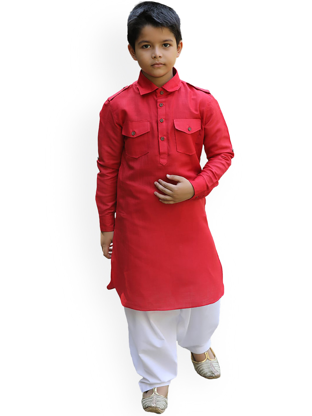 Manyavar Boys Red Solid Pathani Kurta with Dhoti Pants