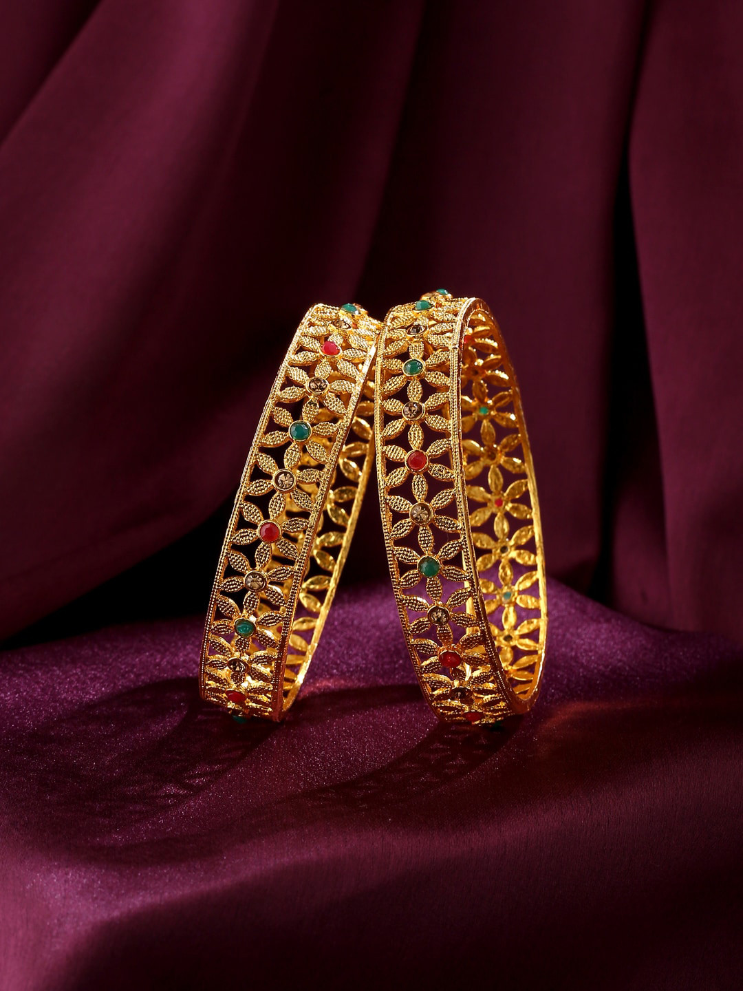 VIRAASI Set Of 2 Gold-Plated & Green Stone Studded Bangles
