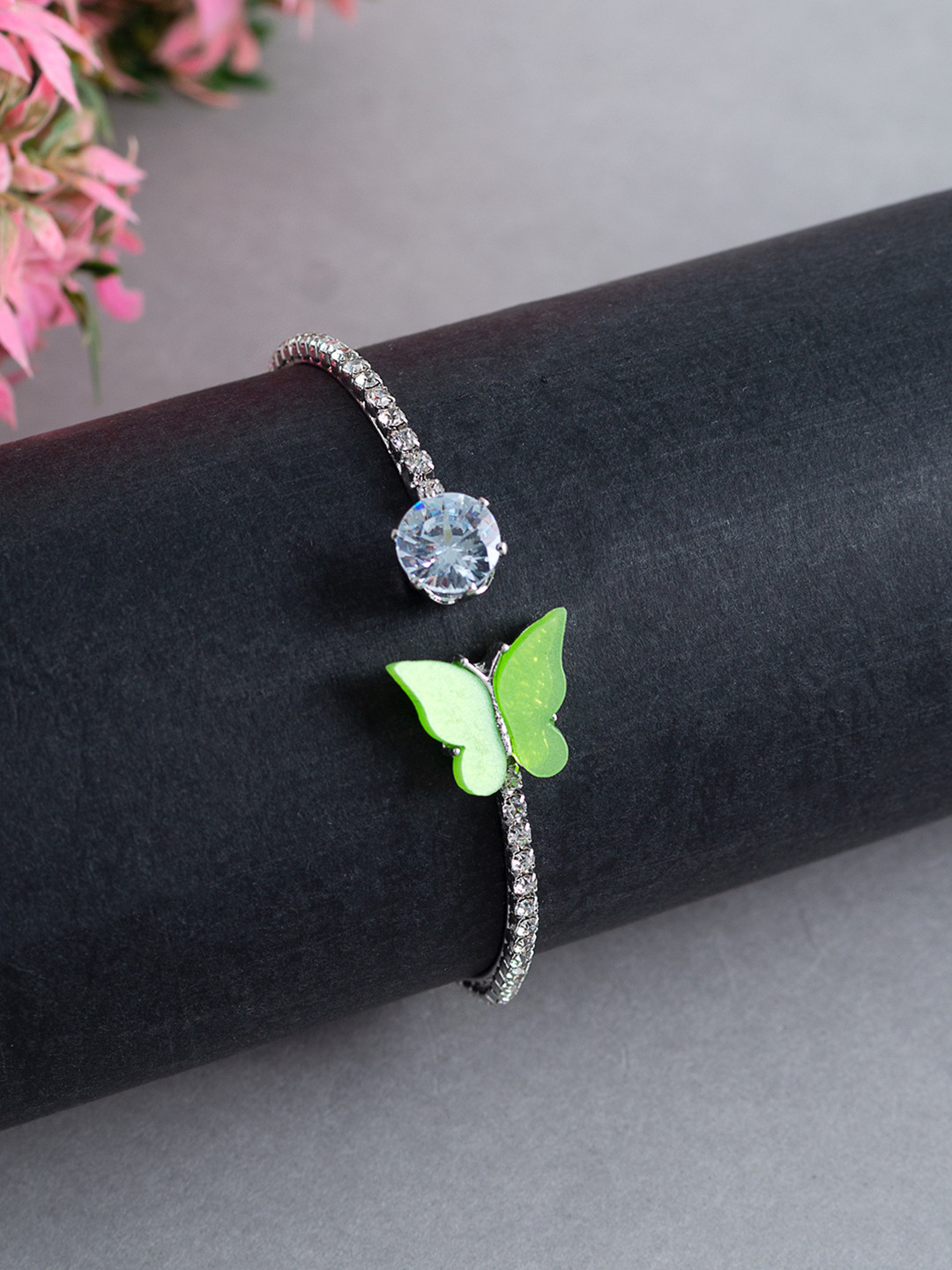 Golden Peacock Women Silver-Toned & Green Cuff Bracelet