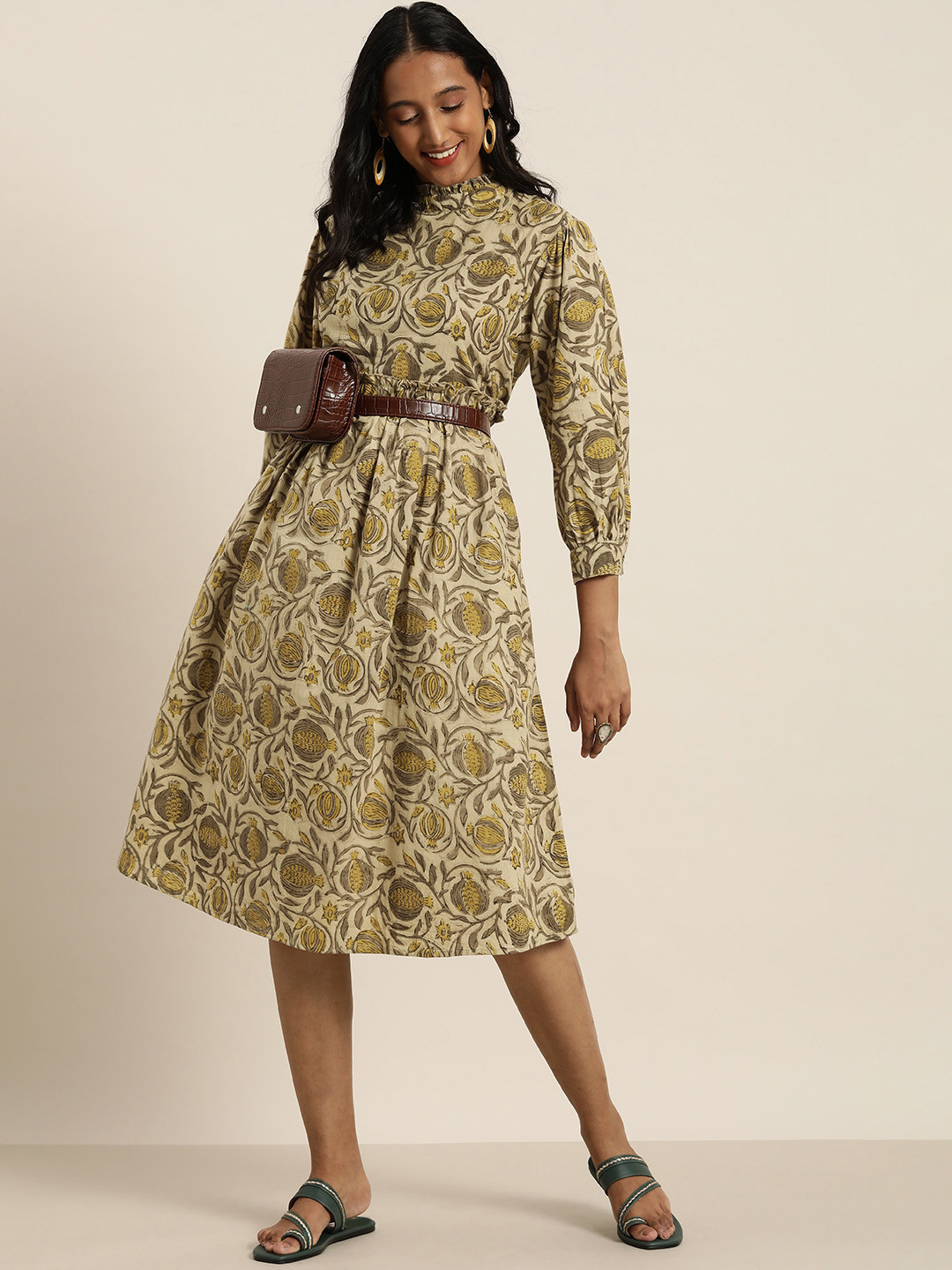 Taavi Women Beige & Green Bagru Hand Block Print  A-Line Dress