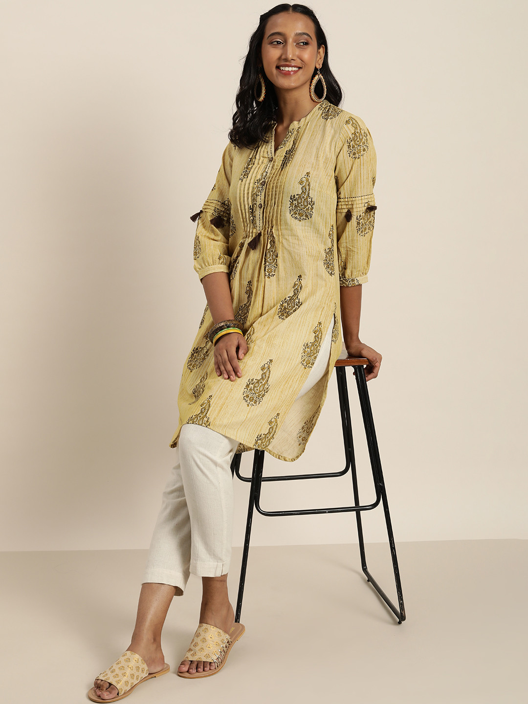 Taavi Women Yellow & Brown Bagru Hand Block Print Pure Cotton Kurta