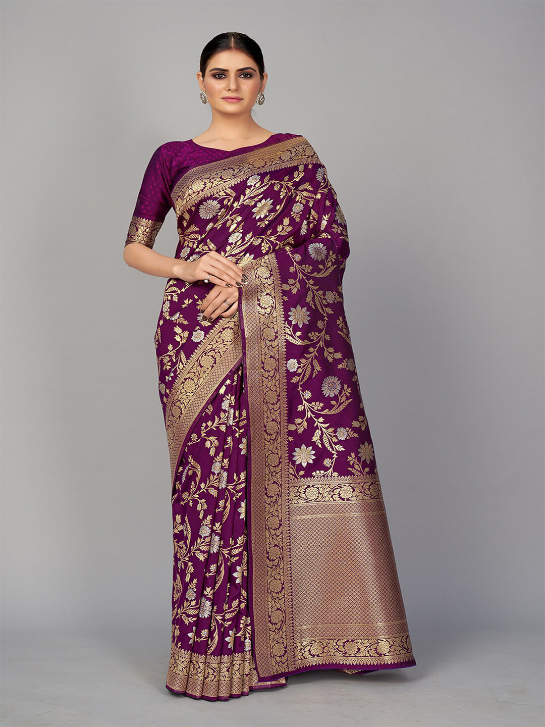 MONJOLIKA FASHION Purple & Gold-Toned Woven Design Silk Blend Banarasi Saree